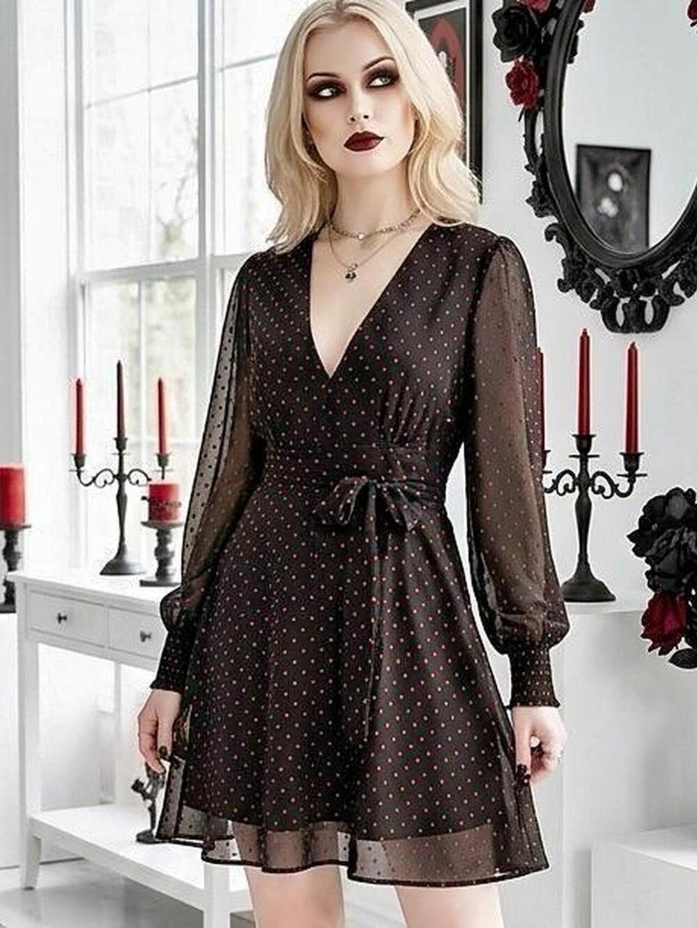 Bar III black polka dot dress with tie waist and long sleeves. Size M  76